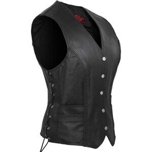 Leather Motorcycle Vest for Women Riding Club Black Biker Vests Concealed Pocket